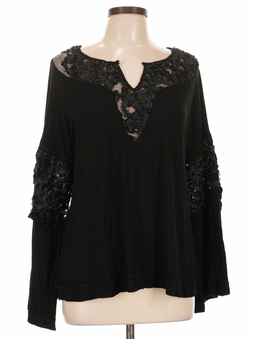 New: POL Boho Black Long-Sleeve Top With Floral Sequin Appliqués• Large